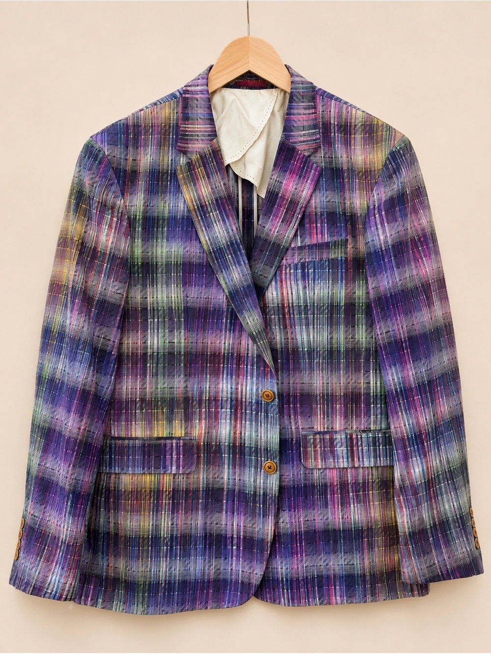 Robert Graham Rainbow Plaid Sport Coat Blazer 46 Classic Fit Purple Cotton Blend